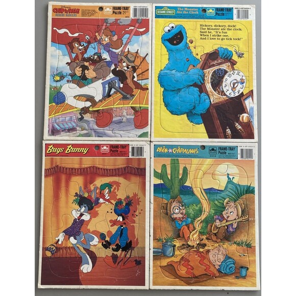 Golden Frame Tray Puzzles Lot fo 4 Sesame Street Bugs Bunny Chipmunks Disney - Picture 1 of 6
